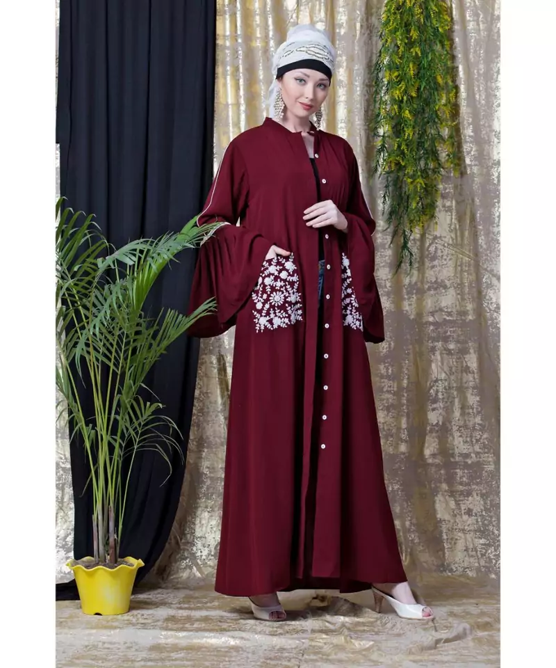 Maroon Nazneen Embroidered Pocket, Bell Sleeve Casual Abaya