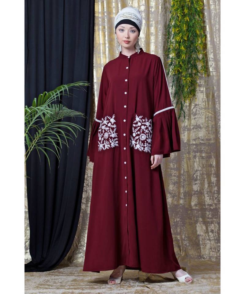 Maroon Nazneen Embroidered Pocket, Bell Sleeve Casual Abaya