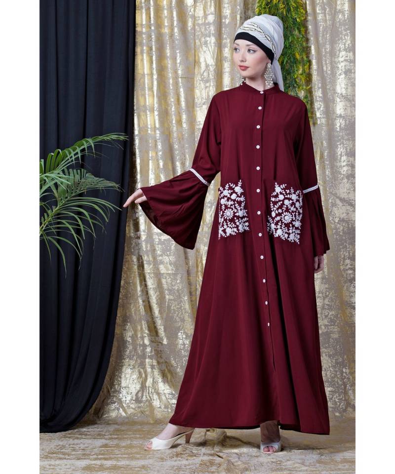 Maroon Nazneen Embroidered Pocket, Bell Sleeve Casual Abaya