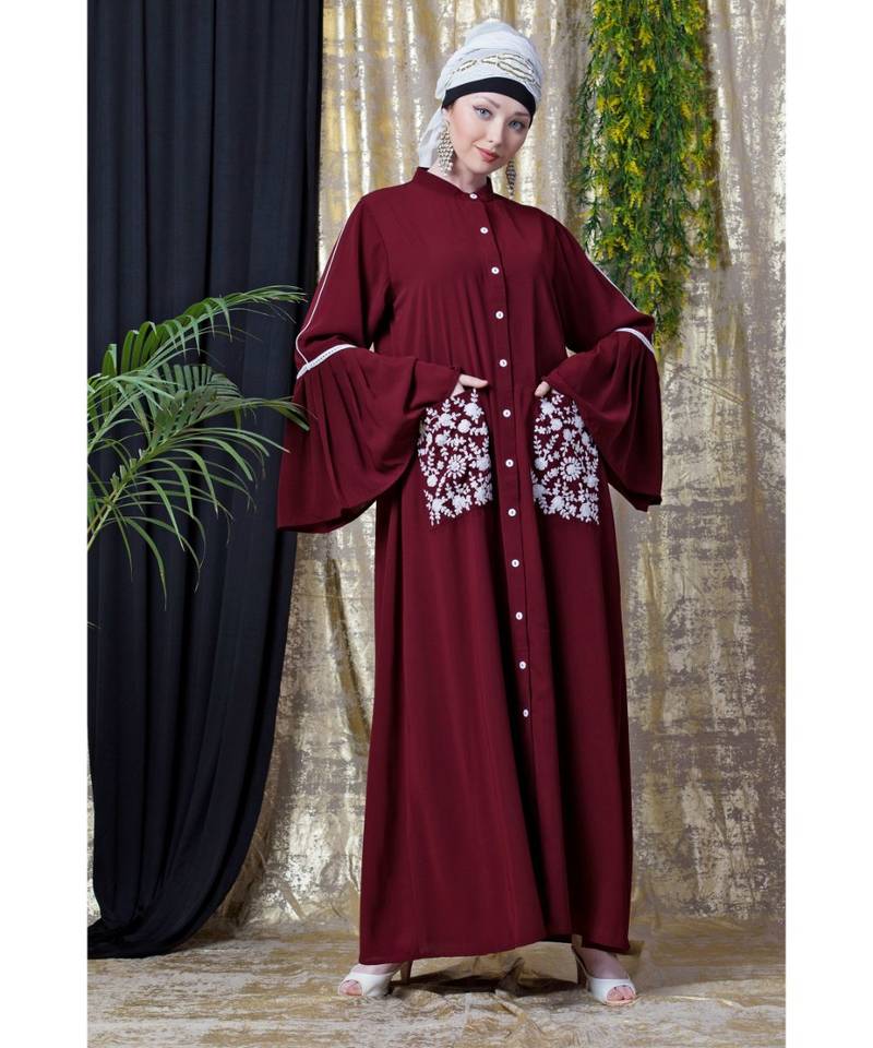 Maroon Nazneen Embroidered Pocket, Bell Sleeve Casual Abaya