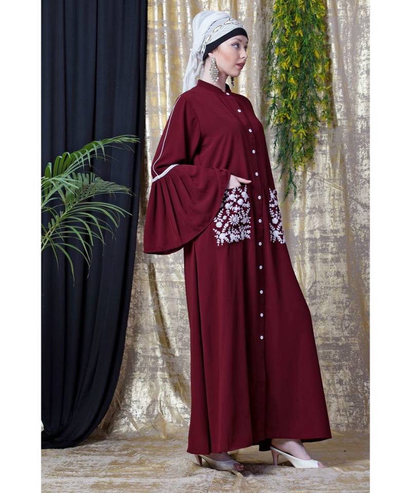 Maroon Nazneen Embroidered Pocket, Bell Sleeve Casual Abaya