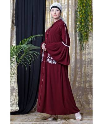 Maroon Nazneen Embroidered Pocket, Bell Sleeve Casual Abaya 6