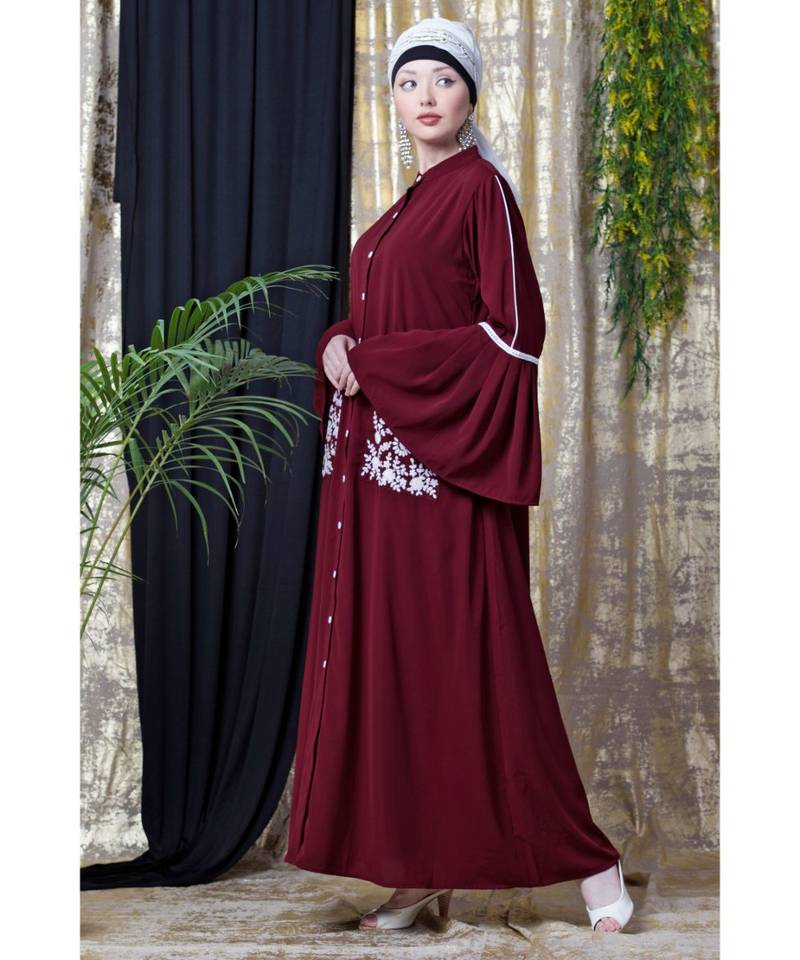 Maroon Nazneen Embroidered Pocket, Bell Sleeve Casual Abaya