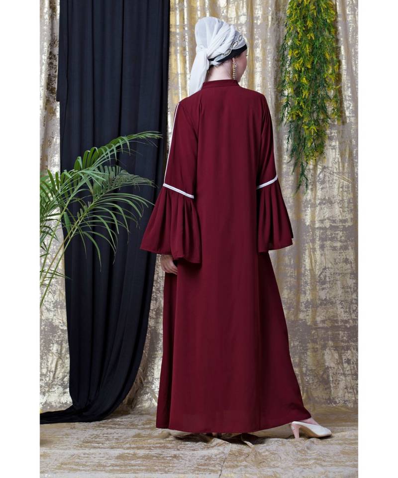 Maroon Nazneen Embroidered Pocket, Bell Sleeve Casual Abaya