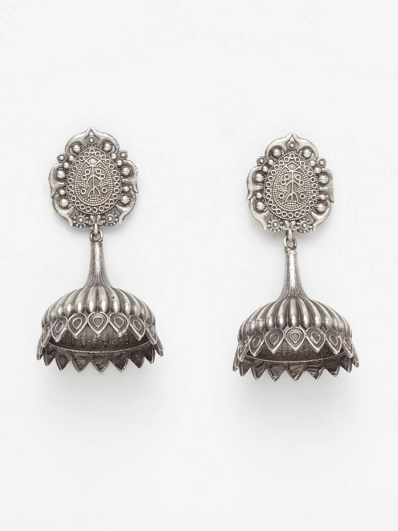 Handcrafted Temple Design Traditional Dome Shape Silver Plated Brass Jhumkas