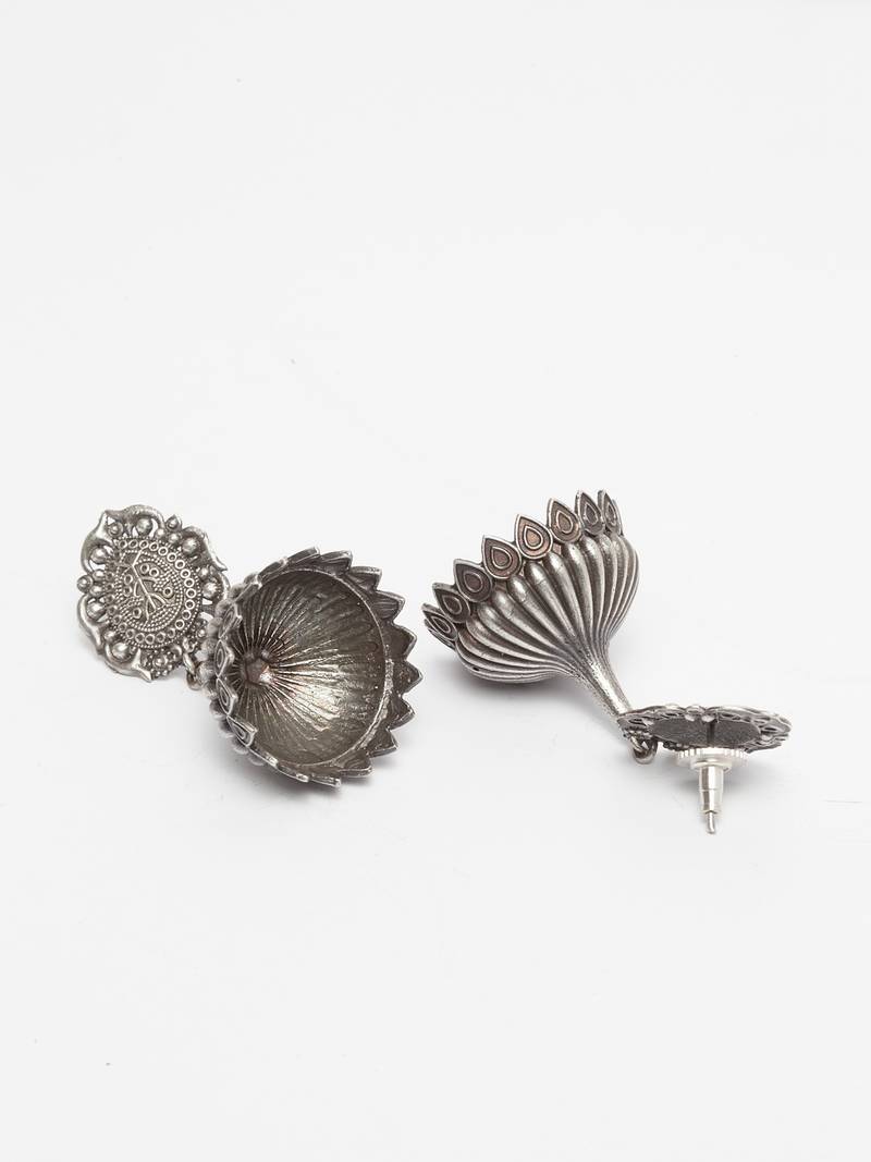 Handcrafted Temple Design Traditional Dome Shape Silver Plated Brass Jhumkas