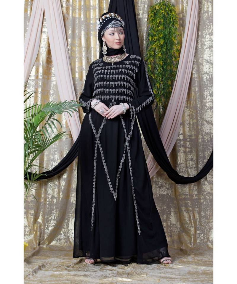 Black Nazneen Hand Embroidered Party Abaya