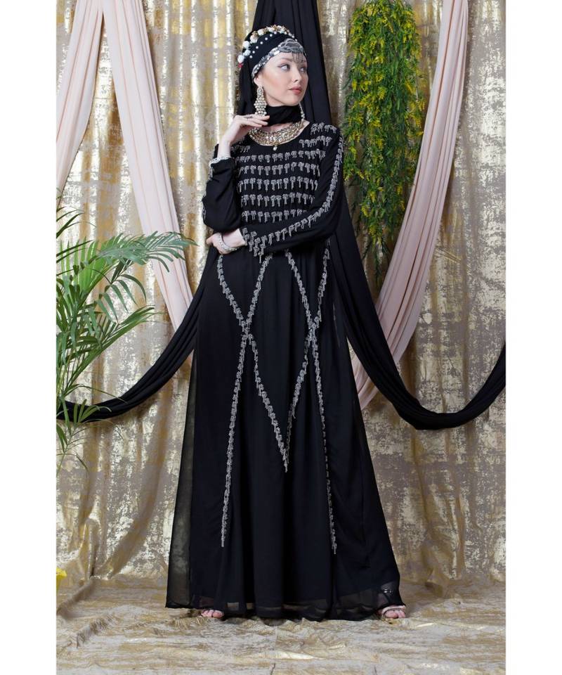 Black Nazneen Hand Embroidered Party Abaya