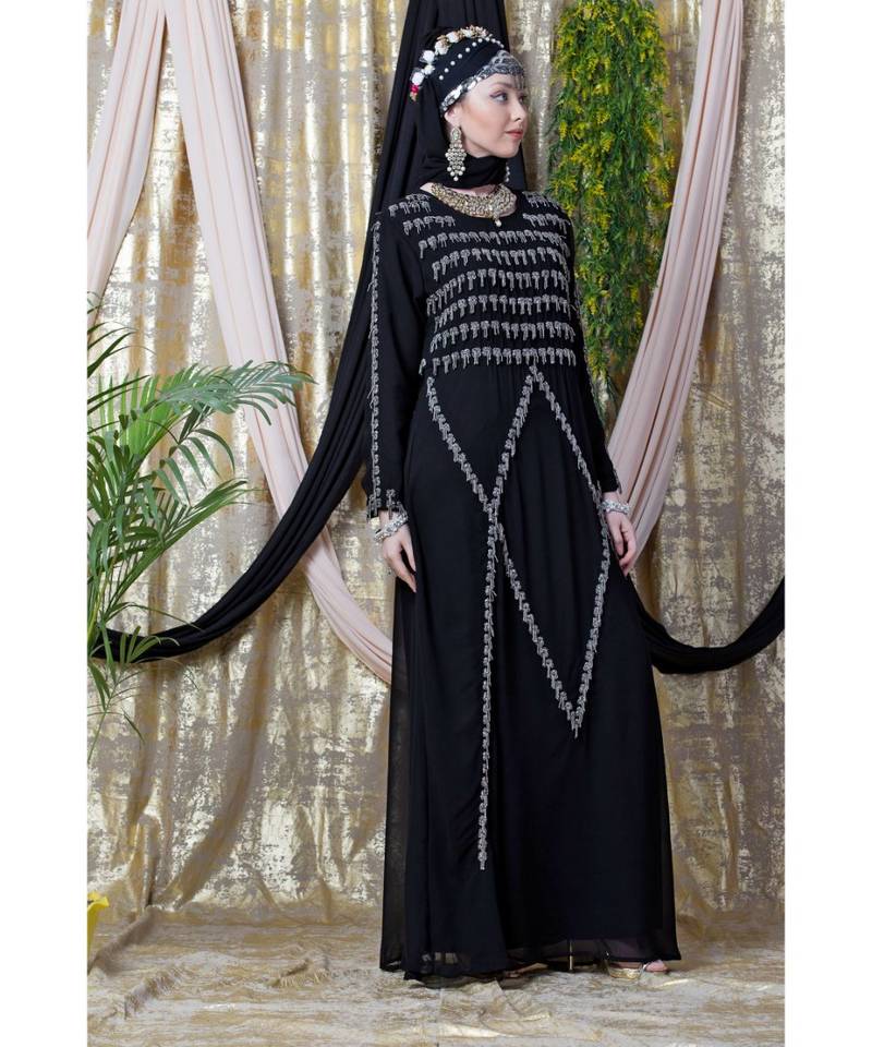 Black Nazneen Hand Embroidered Party Abaya