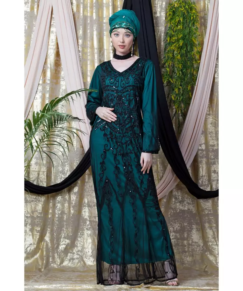 Green Nazneen Full Hand Embellished Party Abaya