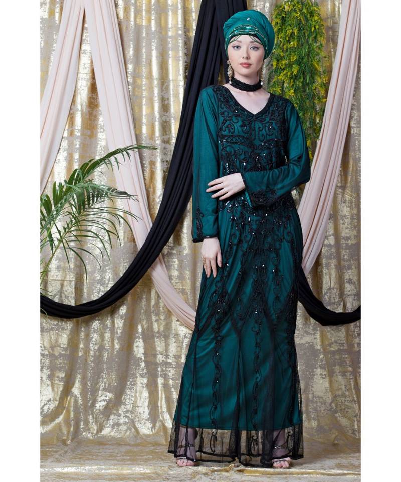 Green Nazneen Full Hand Embellished Party Abaya