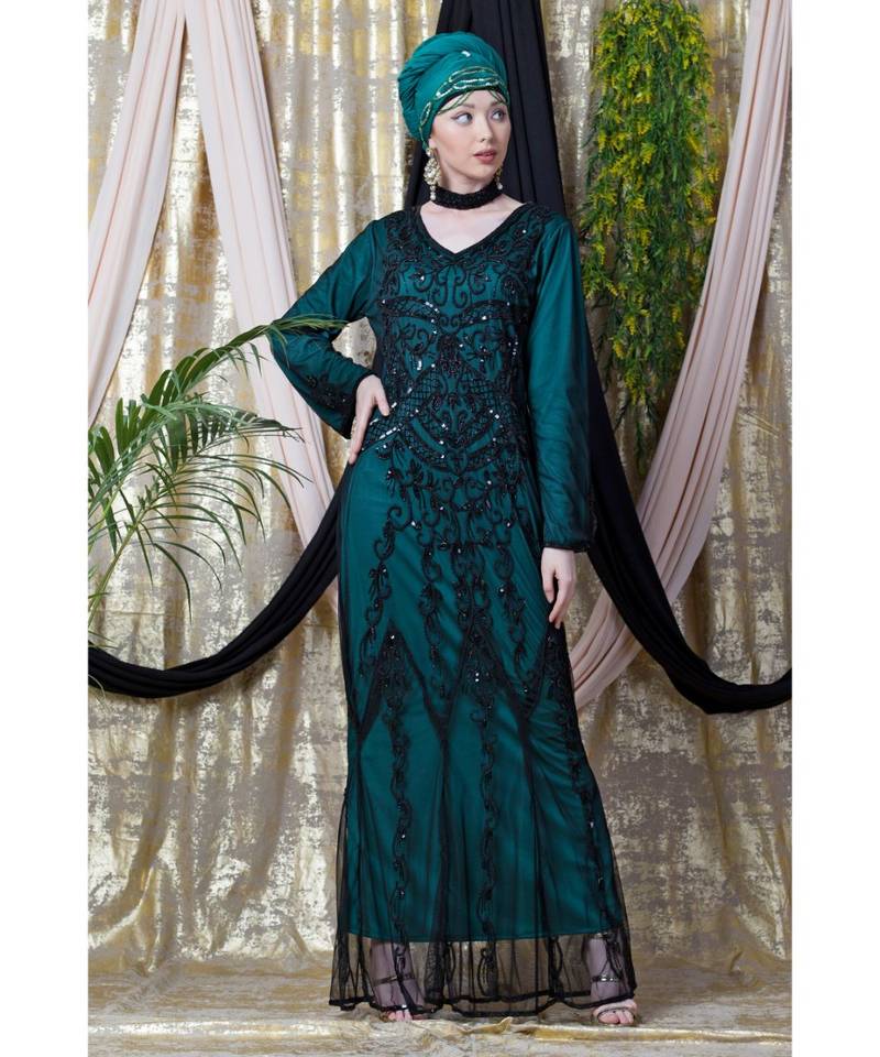 Green Nazneen Full Hand Embellished Party Abaya