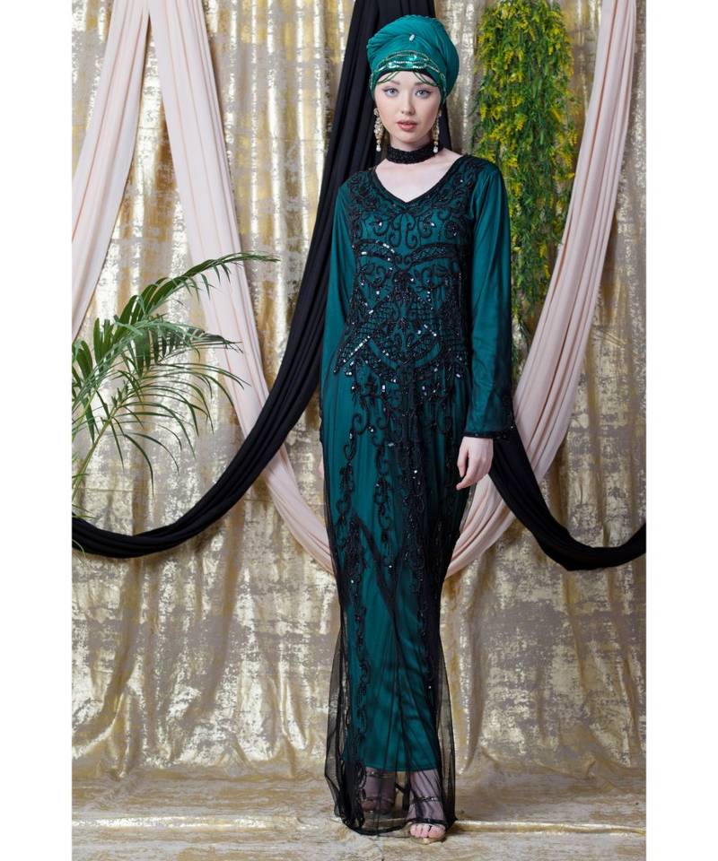 Green Nazneen Full Hand Embellished Party Abaya