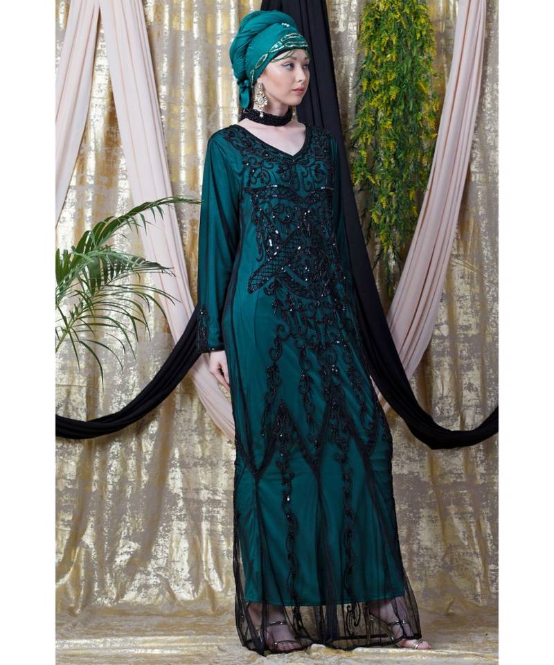 Green Nazneen Full Hand Embellished Party Abaya