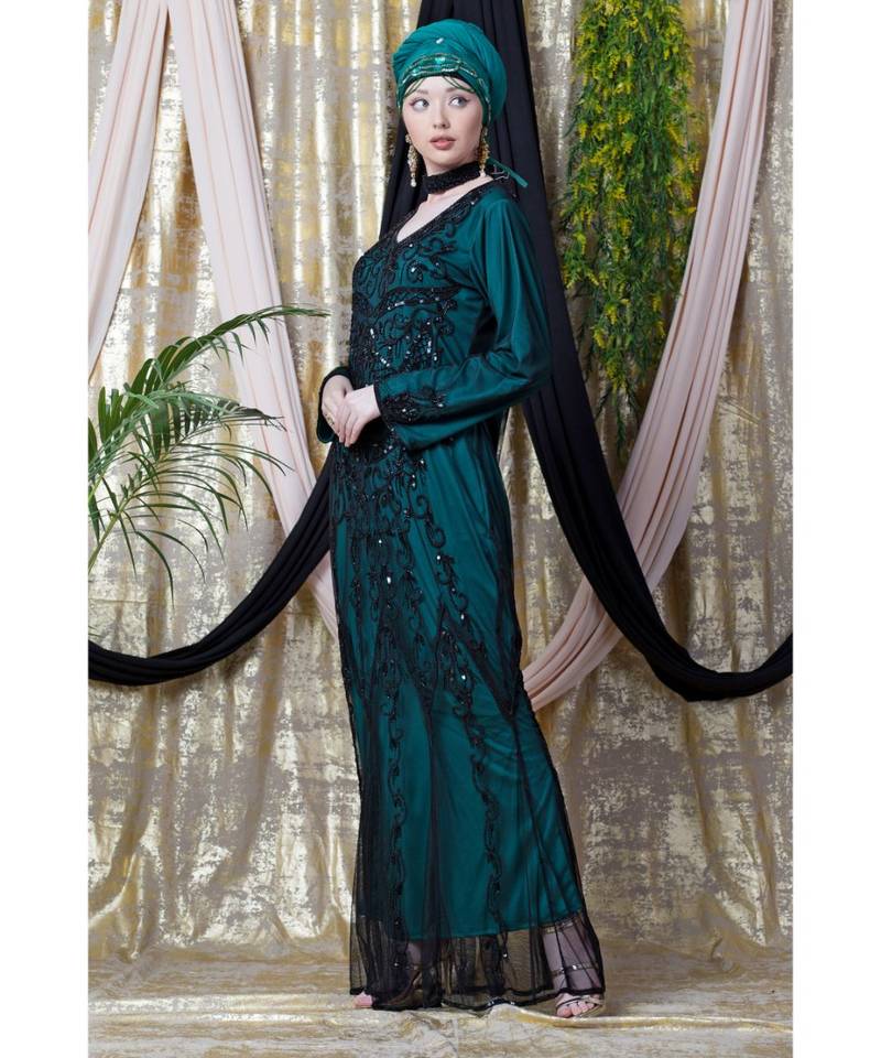 Green Nazneen Full Hand Embellished Party Abaya
