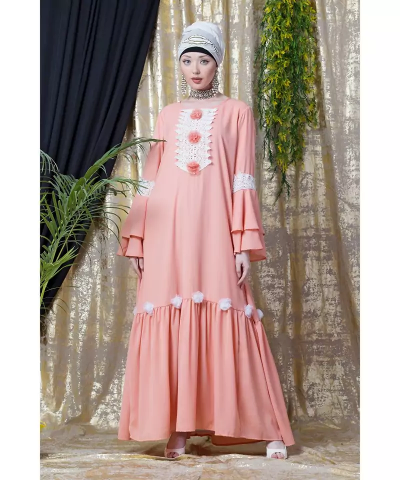 Peach Nazneen Bell Sleeve Flowers Around Knee Party Abaya