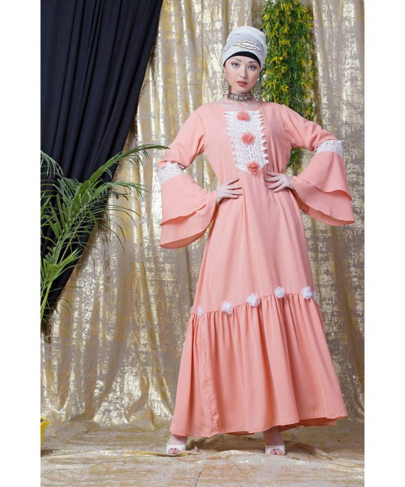 Peach Nazneen Bell Sleeve Flowers Around Knee Party Abaya