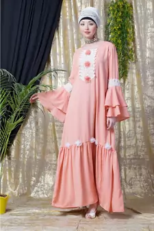 Peach Nazneen Bell Sleeve Flowers Around Knee Party Abaya