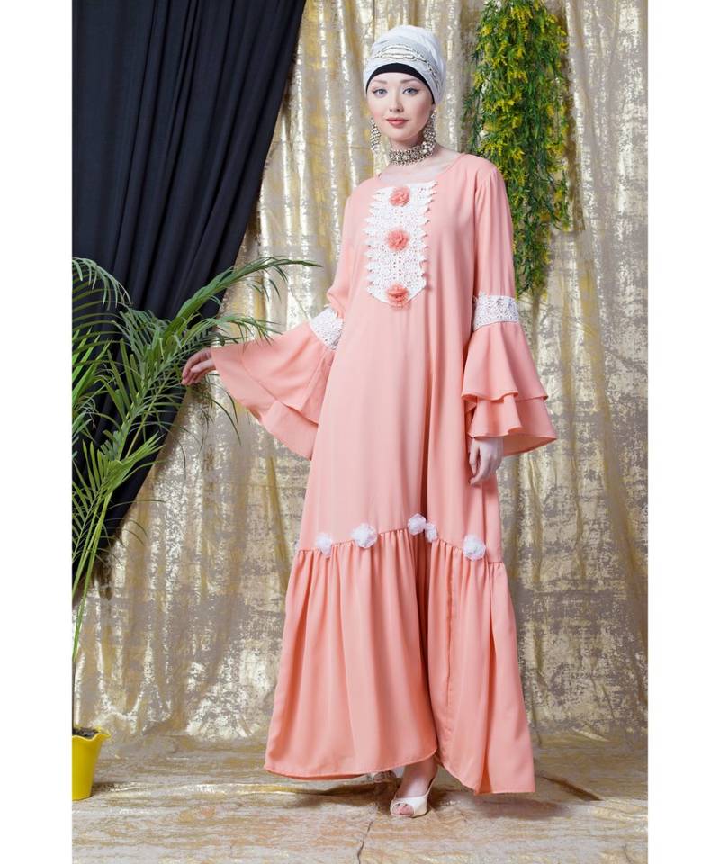 Peach Nazneen Bell Sleeve Flowers Around Knee Party Abaya