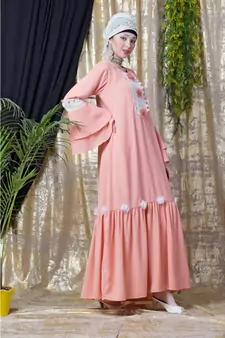 Peach Nazneen Bell Sleeve Flowers Around Knee Party Abaya