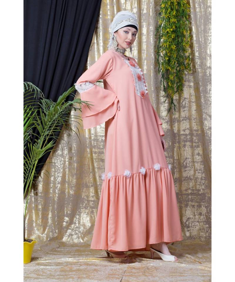 Peach Nazneen Bell Sleeve Flowers Around Knee Party Abaya