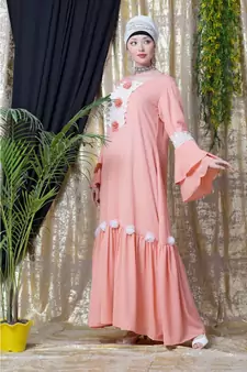 Peach Nazneen Bell Sleeve Flowers Around Knee Party Abaya