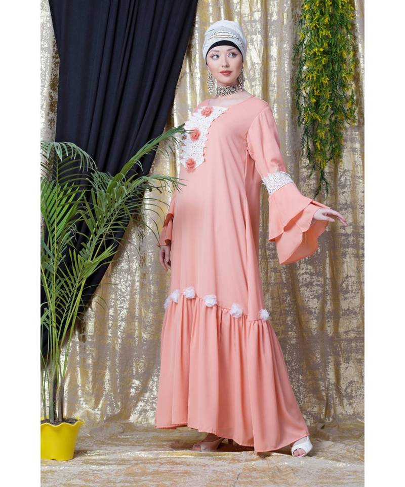 Peach Nazneen Bell Sleeve Flowers Around Knee Party Abaya