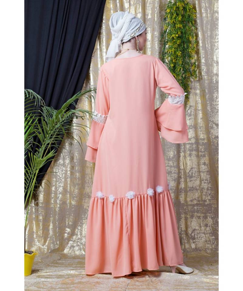 Peach Nazneen Bell Sleeve Flowers Around Knee Party Abaya