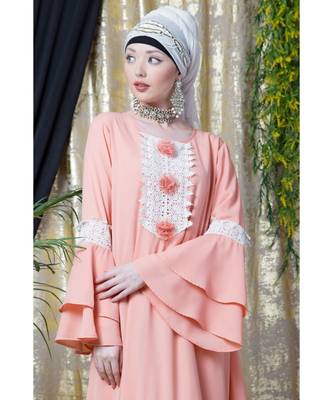 Peach Nazneen Bell Sleeve Flowers Around Knee Party Abaya 7