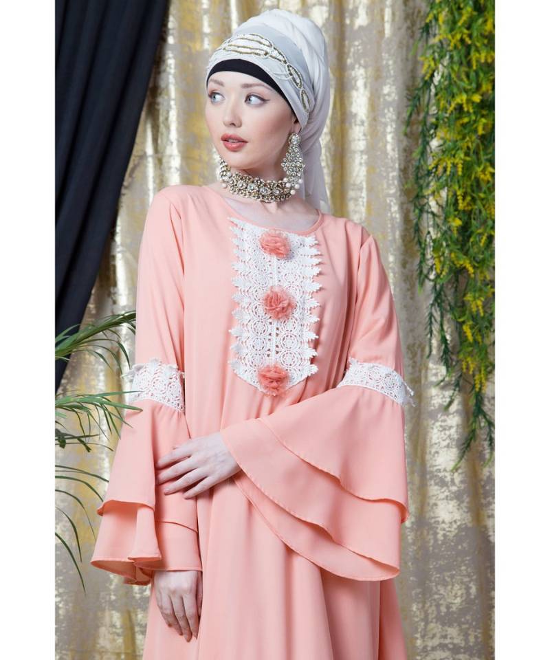 Peach Nazneen Bell Sleeve Flowers Around Knee Party Abaya