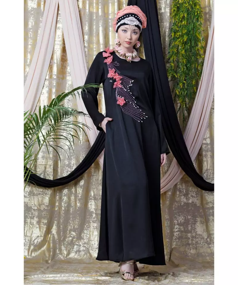 Black Nazneen Applique Flowers Hand Work Party Nida Abaya