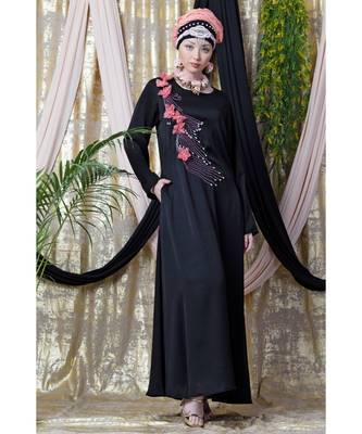 Black Nazneen Applique Flowers Hand Work Party Nida Abaya 1