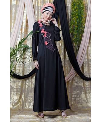 Black Nazneen Applique Flowers Hand Work Party Nida Abaya 2