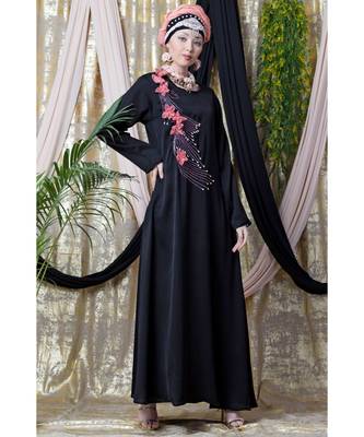 Black Nazneen Applique Flowers Hand Work Party Nida Abaya 3