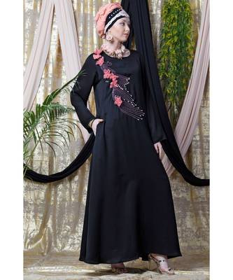 Black Nazneen Applique Flowers Hand Work Party Nida Abaya 4