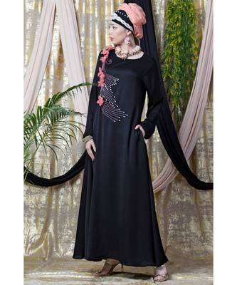 Black Nazneen Applique Flowers Hand Work Party Nida Abaya 5