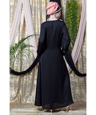Black Nazneen Applique Flowers Hand Work Party Nida Abaya 6