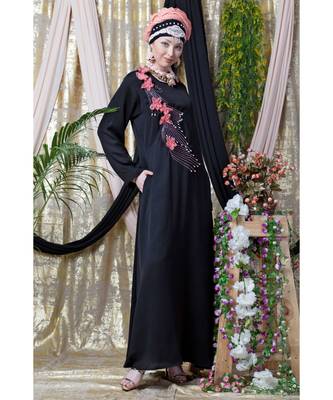 Black Nazneen Applique Flowers Hand Work Party Nida Abaya 7