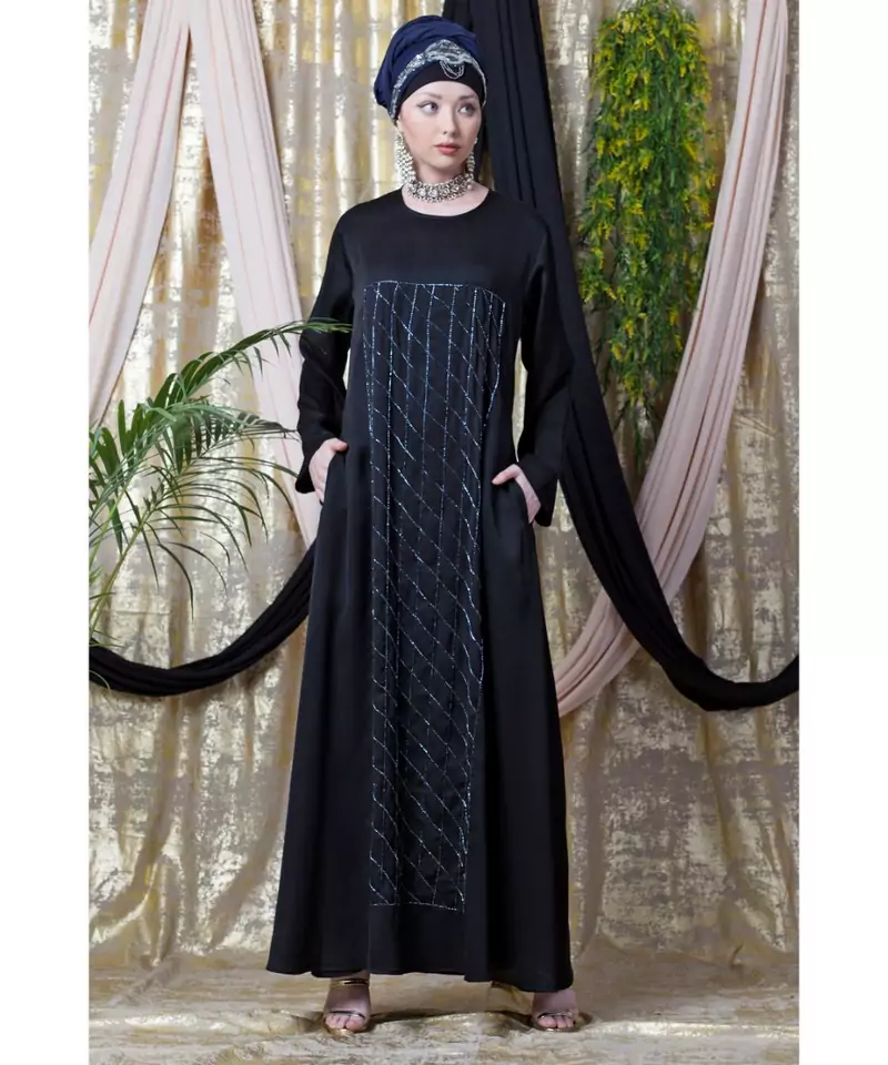 Black Nazneen Diamond Motif Hand Embroidered Flare Nida Abaya