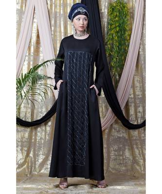 Black Nazneen Diamond Motif Hand Embroidered Flare Nida Abaya 1
