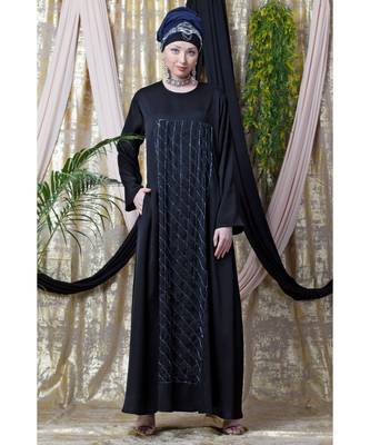 Black Nazneen Diamond Motif Hand Embroidered Flare Nida Abaya 2