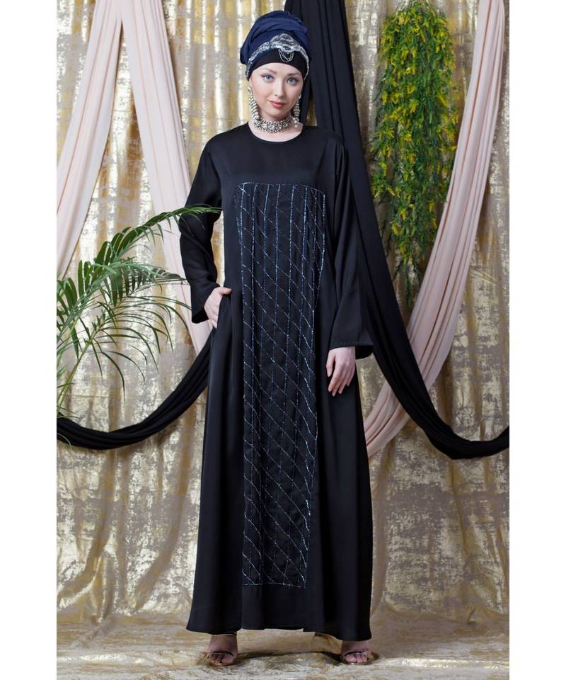 Black Nazneen Diamond Motif Hand Embroidered Flare Nida Abaya