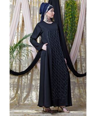 Black Nazneen Diamond Motif Hand Embroidered Flare Nida Abaya 3