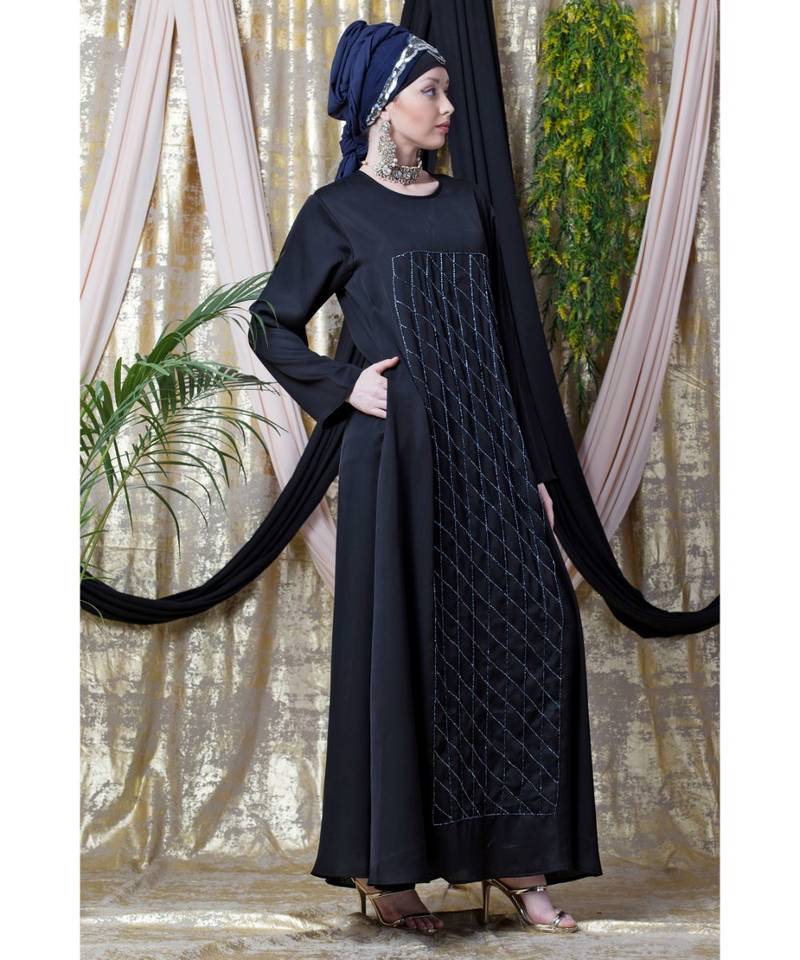 Black Nazneen Diamond Motif Hand Embroidered Flare Nida Abaya