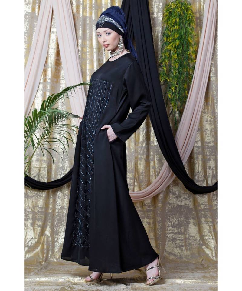 Black Nazneen Diamond Motif Hand Embroidered Flare Nida Abaya