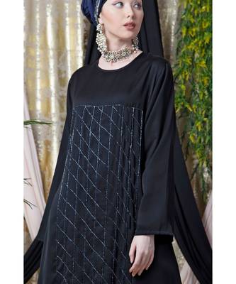 Black Nazneen Diamond Motif Hand Embroidered Flare Nida Abaya 6