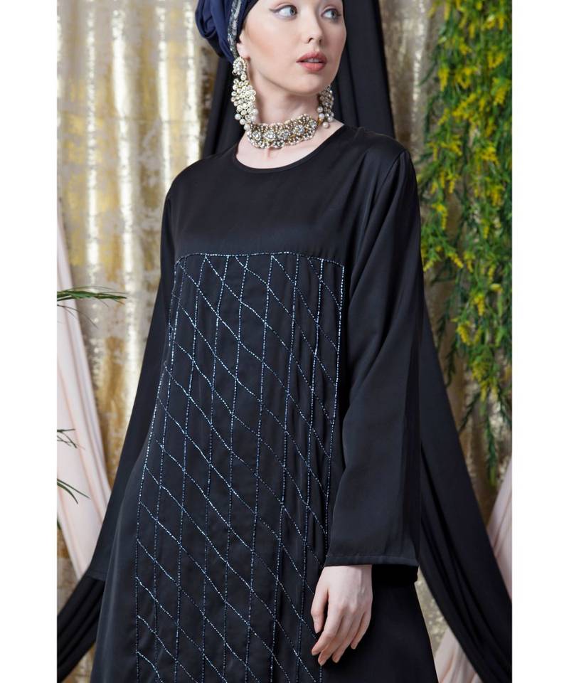 Black Nazneen Diamond Motif Hand Embroidered Flare Nida Abaya
