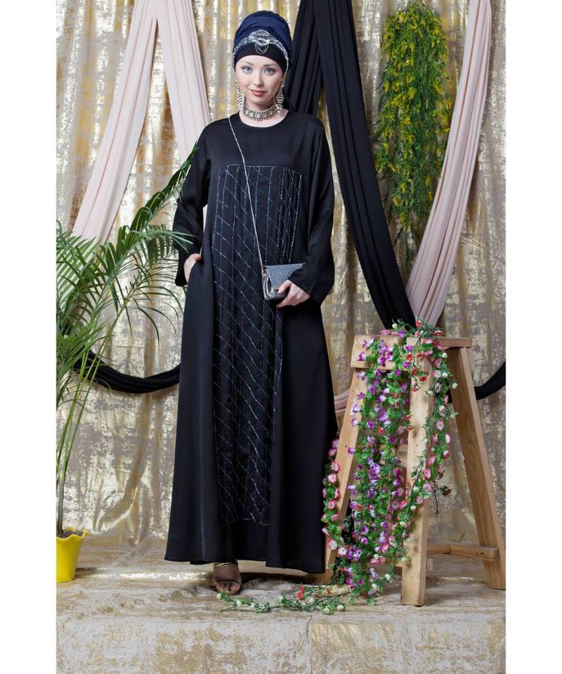 Black Nazneen Diamond Motif Hand Embroidered Flare Nida Abaya