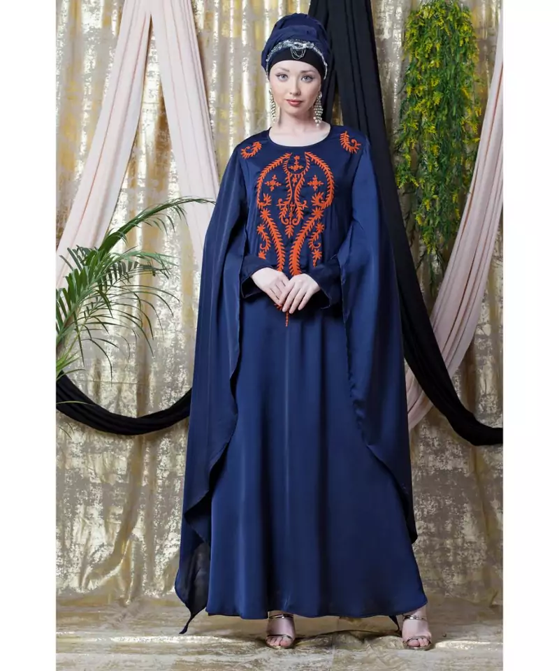 Blue Nazneen Extra Long Wings Sleeve Embroidered Party Abaya