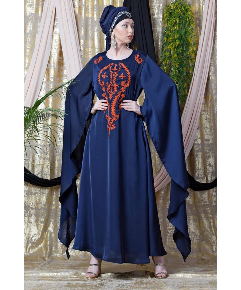 Blue Nazneen Extra Long Wings Sleeve Embroidered Party Abaya